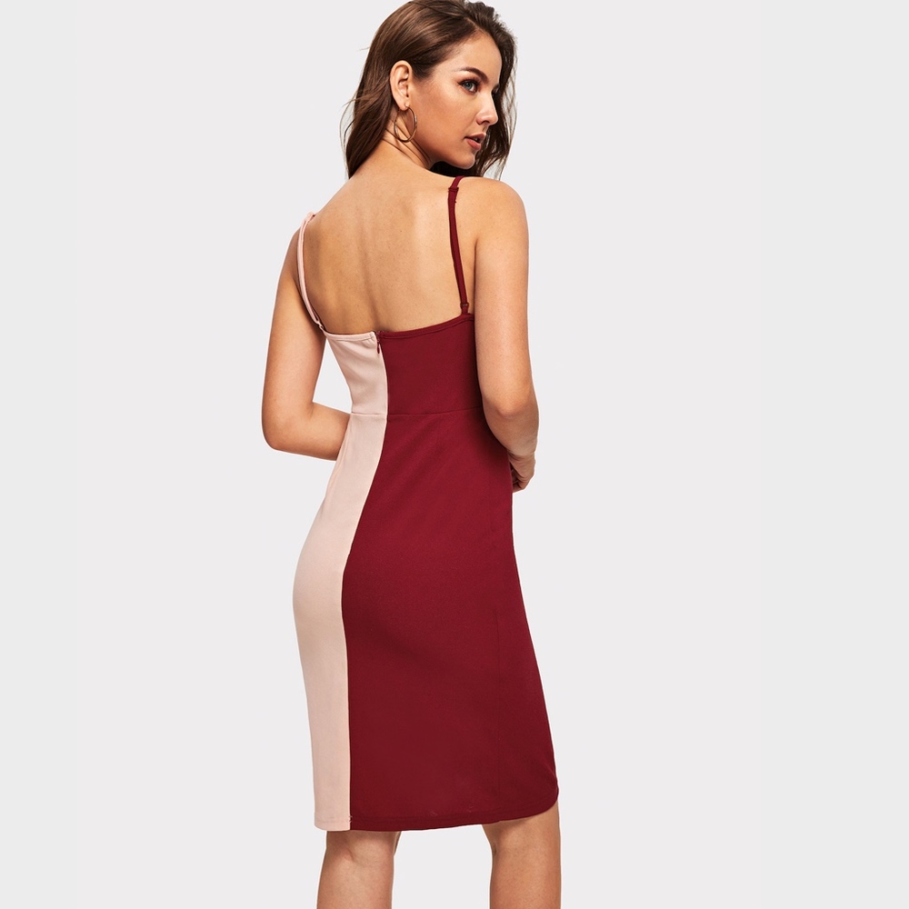 Color Block Cami Dress Slit Asymmetric Pink & Wine - Picture 4 of 8